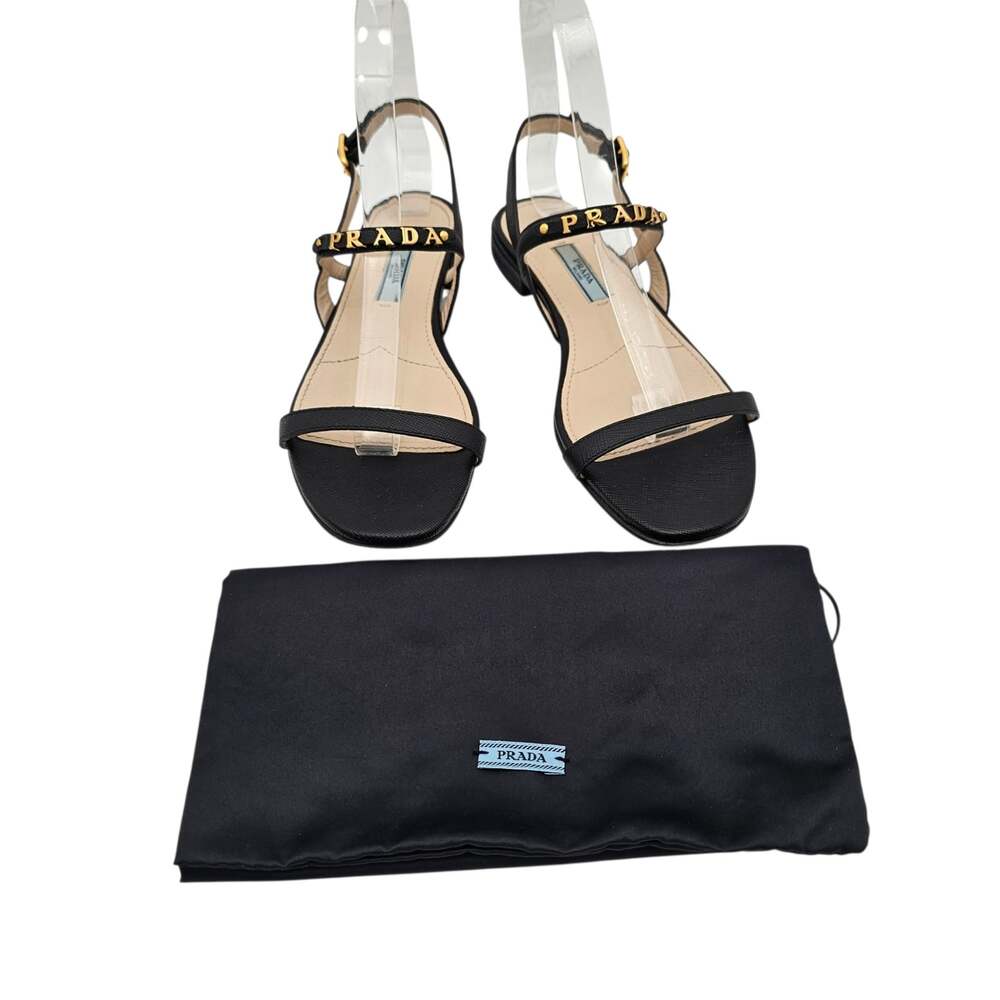 Prada Logo Black Leather Flat Ankle Strap Sandal Gold Buckle Size 36.5 6.5 - Picture 2 of 11